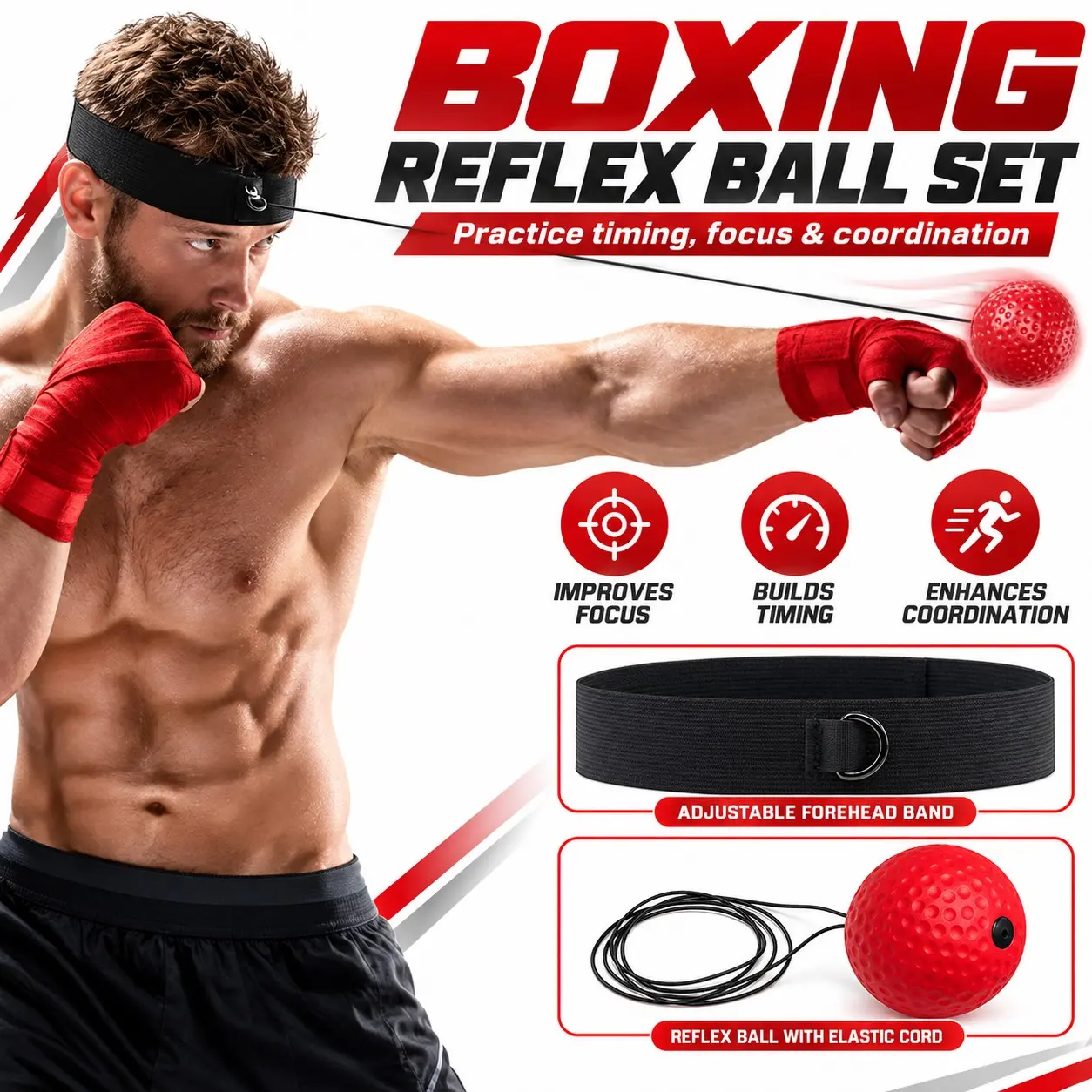 Boxing Reflex Ball with Adjustable Headband, Soft Foam Ball & Elastic Cord, Hand-Eye Coordination and Reaction Training Set for Home Workouts, Gift for Boxing Enthusiasts