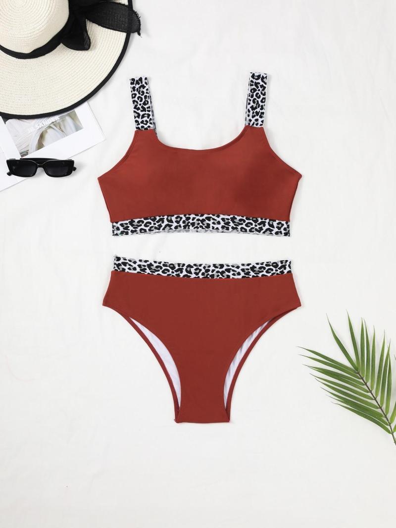 Plus Leopard Patchwork Print Tape Waist Swimsuit, Summer Clothes Women, Women's Casual Comfy Breathable High Stretch Swimwear for Summer, Swim Tankini Tops