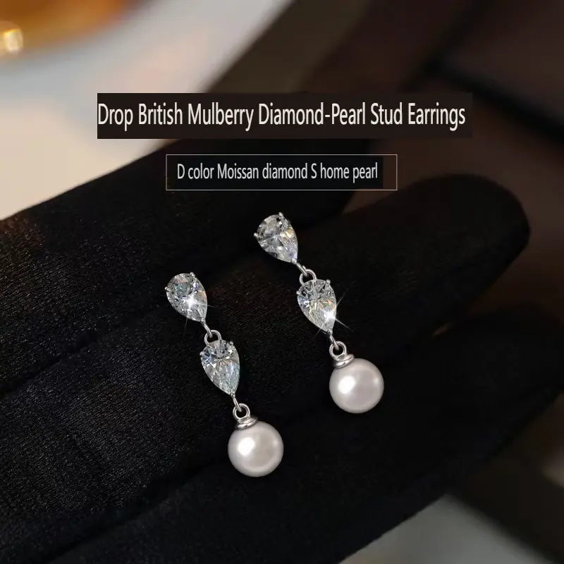 S925 sterling silver teardrop stud earrings with D color VVS moissanite and pearls; unique design, light luxury high-end feel; women’s moissanite jewelry earrings