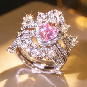 3pcs/set Dream Ring Pink Heart Crown Stackable Set  Princess Bling Wide Band Cocktail Couple Ring Vintage Floral Statement Wedding Set Finger Ring Wedding Dress Stackable Ring Set Heavy Accessory Bride's Valentines Christmas Day Gift