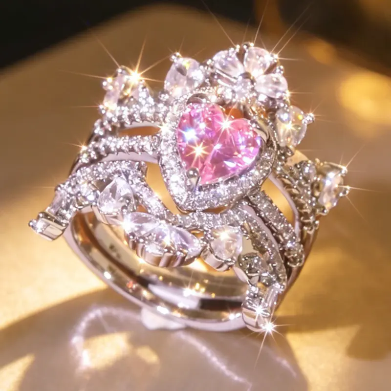 3pcs/set Dream Ring Pink Heart Crown Stackable Set Princess Bling Wide Band Cocktail Couple Ring Vintage Floral Statement Wedding Set Finger Ring Wedding Dress Stackable Ring Set Heavy Accessory Bride's Valentines Christmas Day Gift