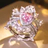 3pcs/set Dream Ring Pink Heart Crown Stackable Set Princess Bling Wide Band Cocktail Couple Ring Vintage Floral Statement Wedding Set Finger Ring Wedding Dress Stackable Ring Set Heavy Accessory Bride's Valentines Christmas Day Gift