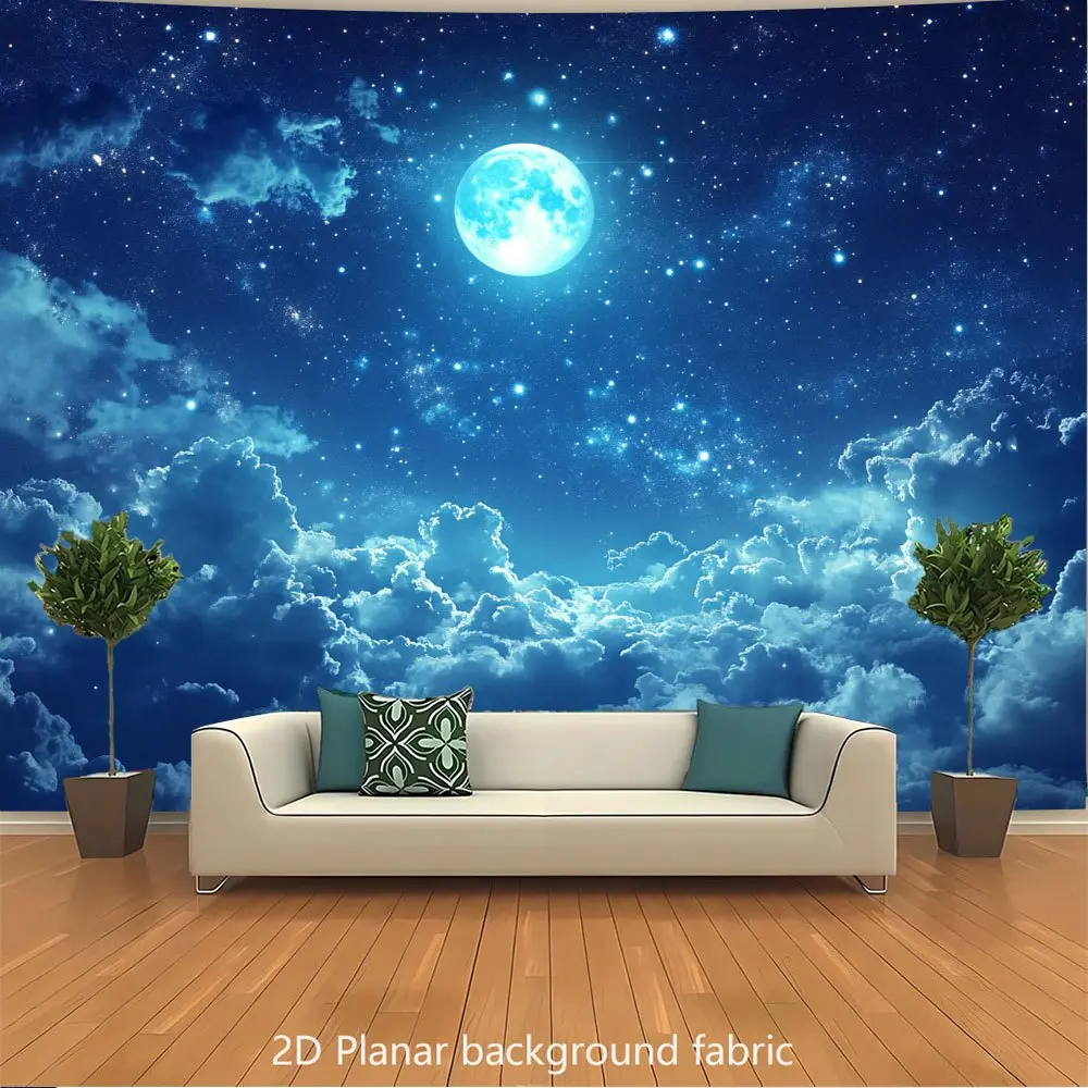 2D flat banner, 1 piece, night sky background scene - dark blue and sea blue stars. Suitable for weddings, birthdays, and living room decoration. No electricity required. Easy to hang and install.