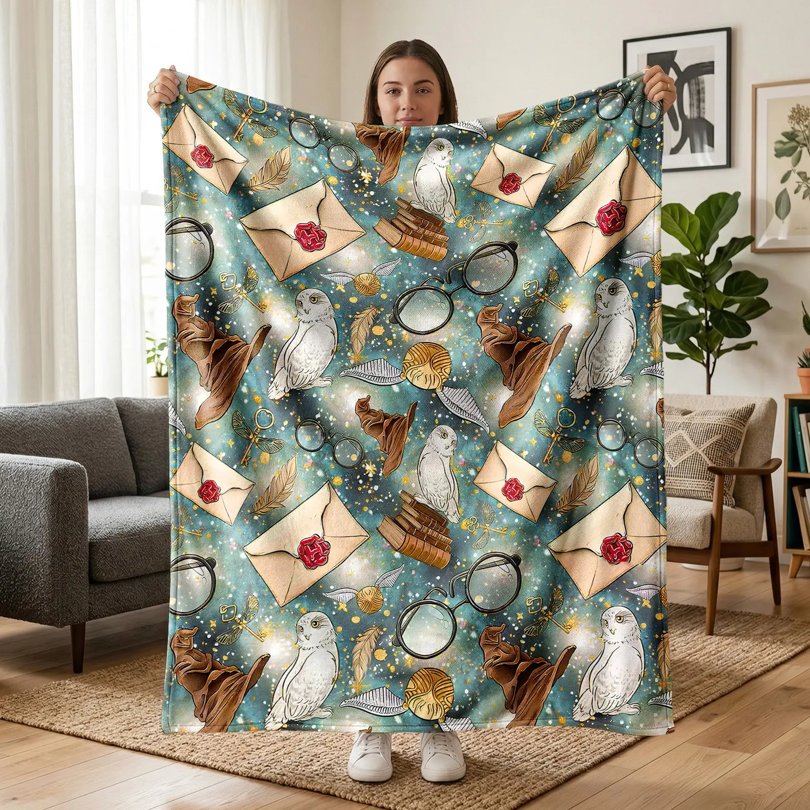 1pc Wizard School Flannel Blanket, Magic Owl Fleece Throw with Enchanted Letters, Flying Keys, Wizard Hat, Glasses, Golden Snitch and Fantasy School Pattern, Soft Cozy Plush Blanket for Sofa Bed Couch Office Camping Travel, Halloween Christmas Gift