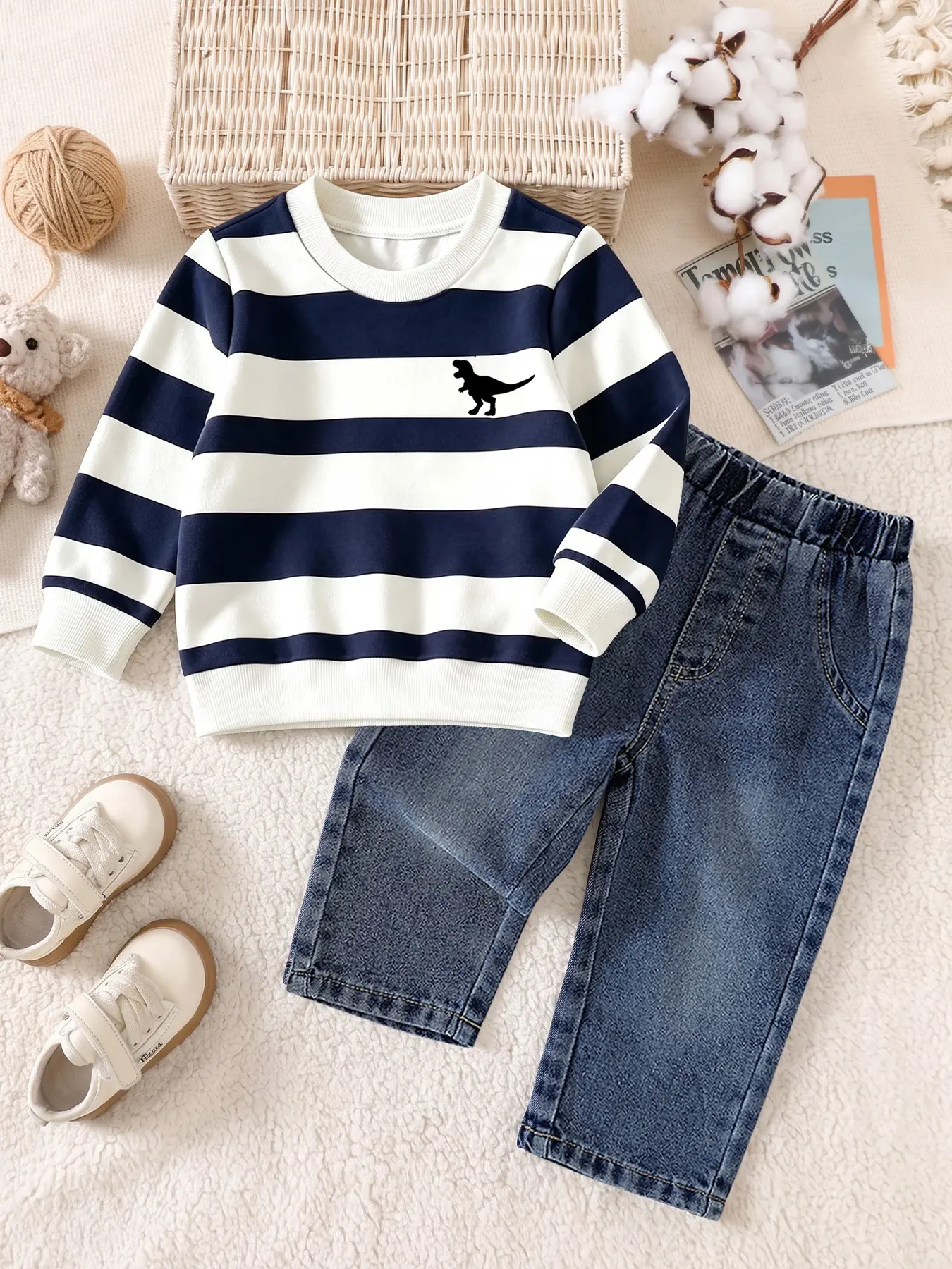 Boys' Long Sleeve Sweatshirt Set, Fashion Striped Dinosaur Top, Baby Boy Casual Loose-Fit Jeans Pants, Spring & Fall