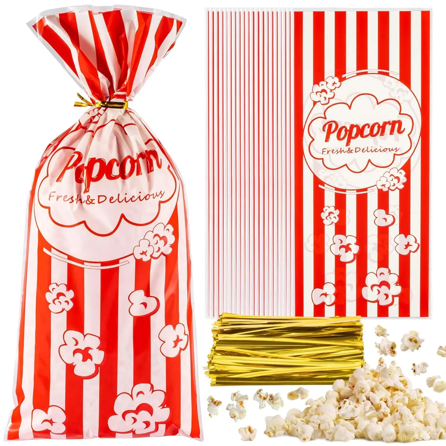 100 Popcorn Bags Individual Servings - Plastic Popcorn  Bags with Twist Tie Pop Corn Party Sleeves Bulk Bar Snack Containers   Packs Carnival Halloween Christmas Movie Night Supplies