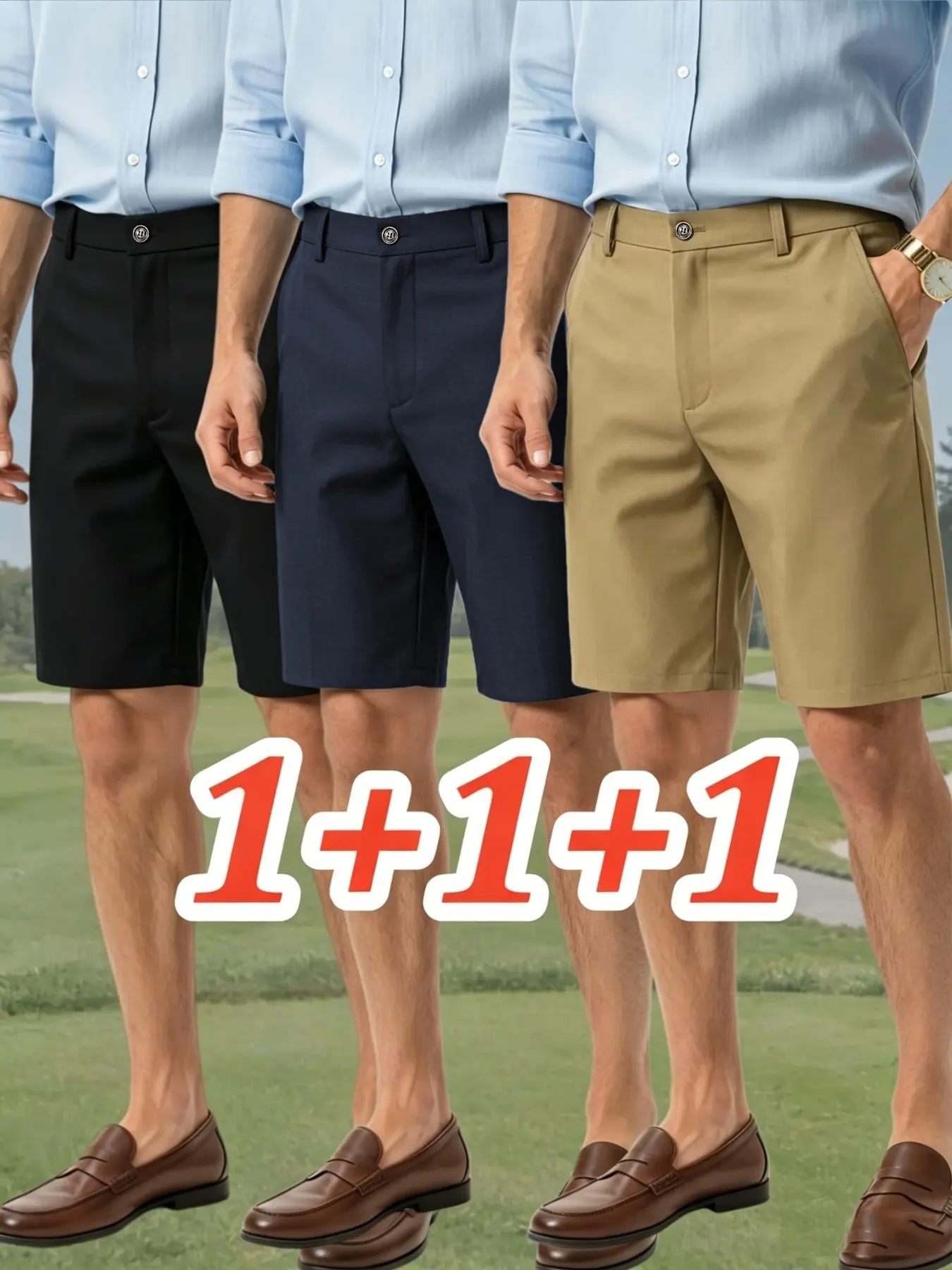Men's Three-Piece Ice Silk Shorts Set, Summer High Elastic Anti-Wrinkle Business Casual Five-Quarter Pants, Breathable Comfortable Straight Leg Shorts