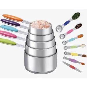 12 count Measuring Cups and Spoons Set Stainless Steel, 5 Measuring Cups with Colorful  Handle and 6 Double-Sided  Measuring Spoons & 1 Leveler for Cooking and Baking (5+6+1)