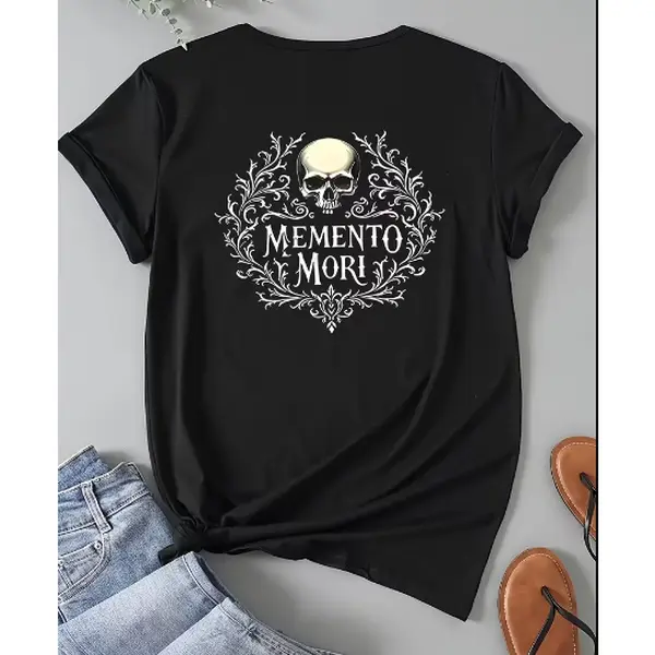Gothic Memento Mori T-Shirt - Vintage Latin Mortality Reminder with Skull & Symbol, Round Neck Short Sleeve Top for Themed Events & Casual Attire, Pure Cotton  Fabric ,Machine Washable