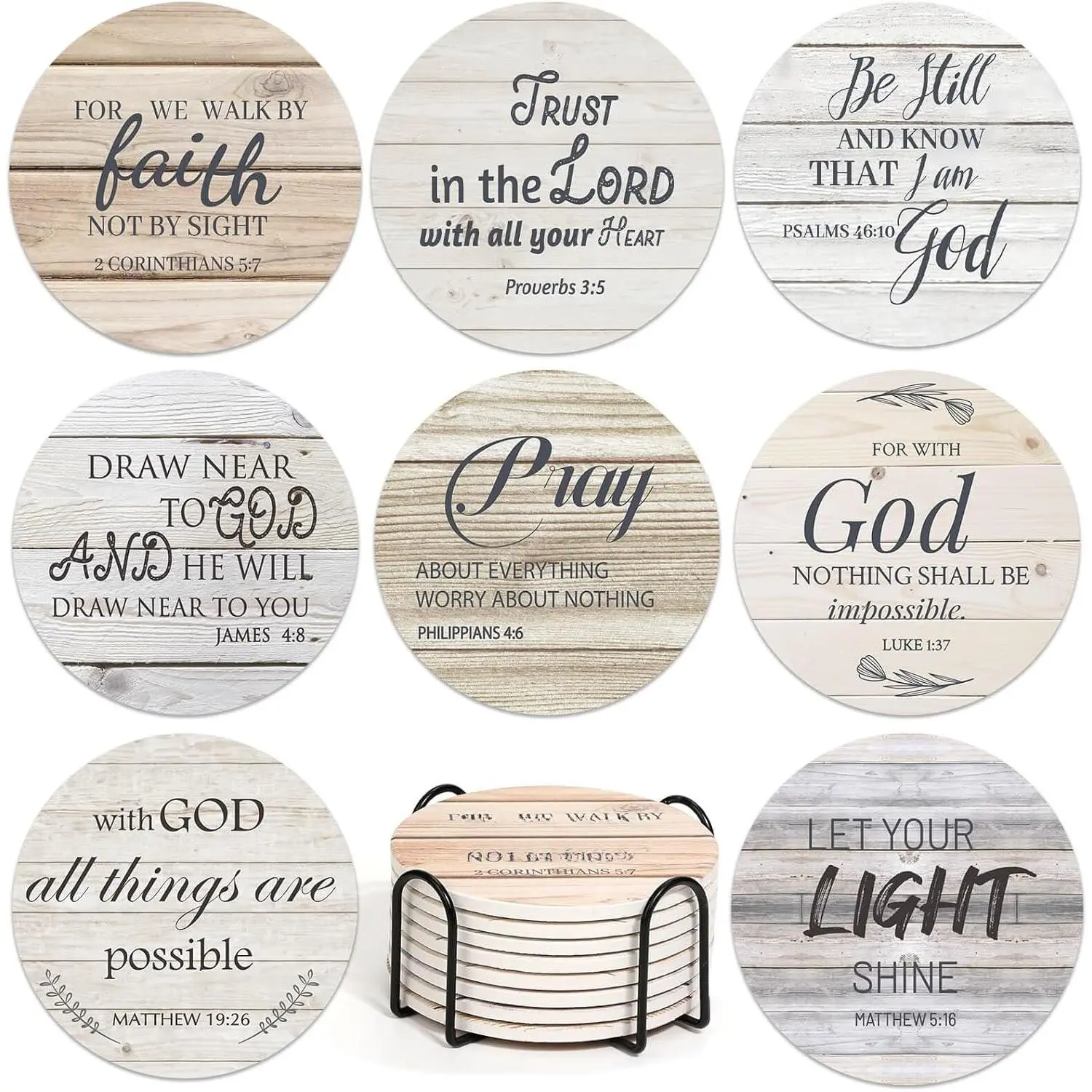Ceramic Coasters with  Verses, Christian Coasters Set of 8 with Holder, Absorbent Drink Coasters for Christian Gifts and  Decor, 4 Inches