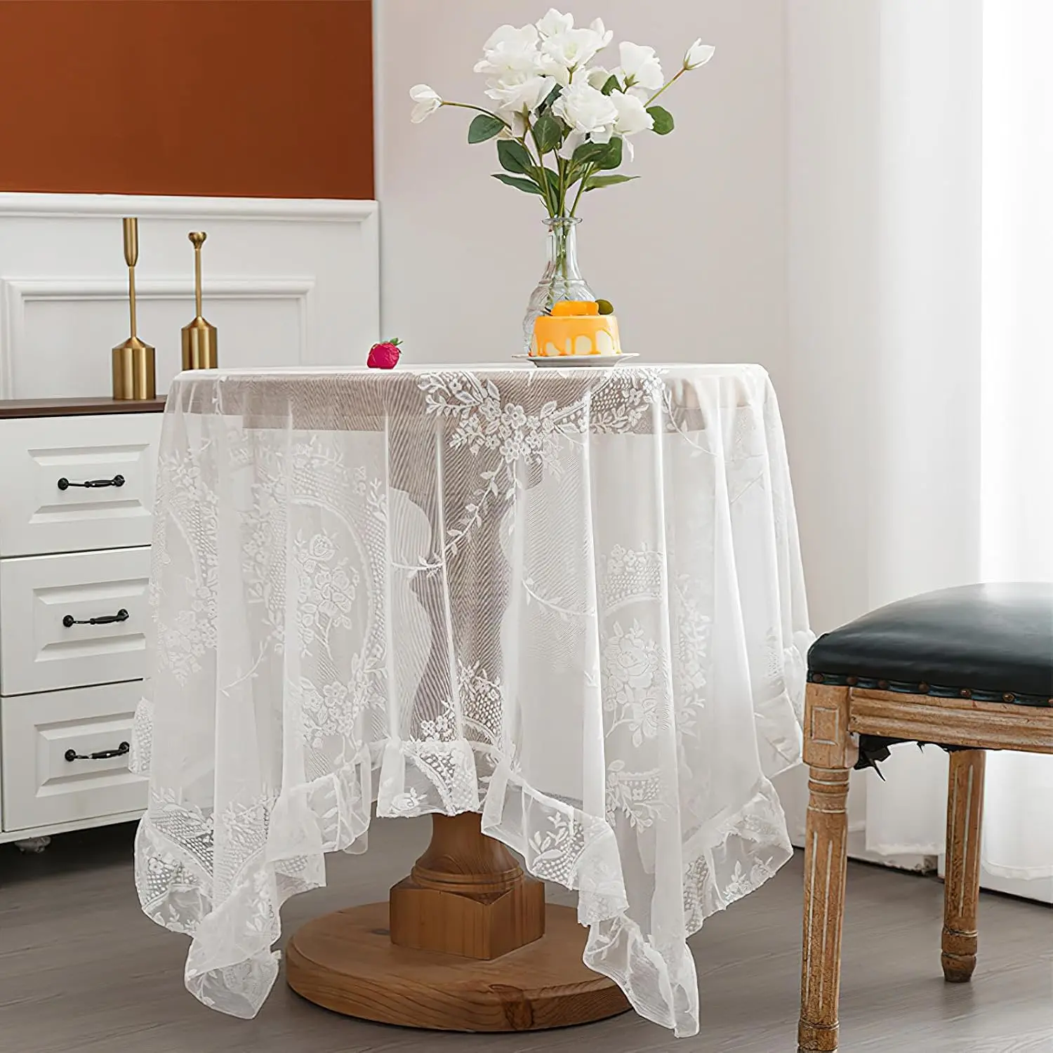White Lace Square Tablecloth with , Chic Elegant Overlay Ruffles Table Cloth,   Embroidered Table Cover Table Protector for Wedding Party Banquet, 55x55inch