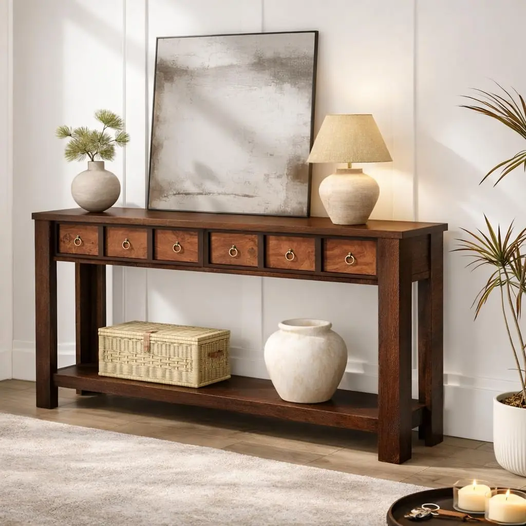 🏡 59" Farmhouse Entryway Table with 2 Drawers & Open Shelf – Narrow Console Table with Reinforced L-Shape Legs for Living Room, Hallway & Behind Couch! ✨