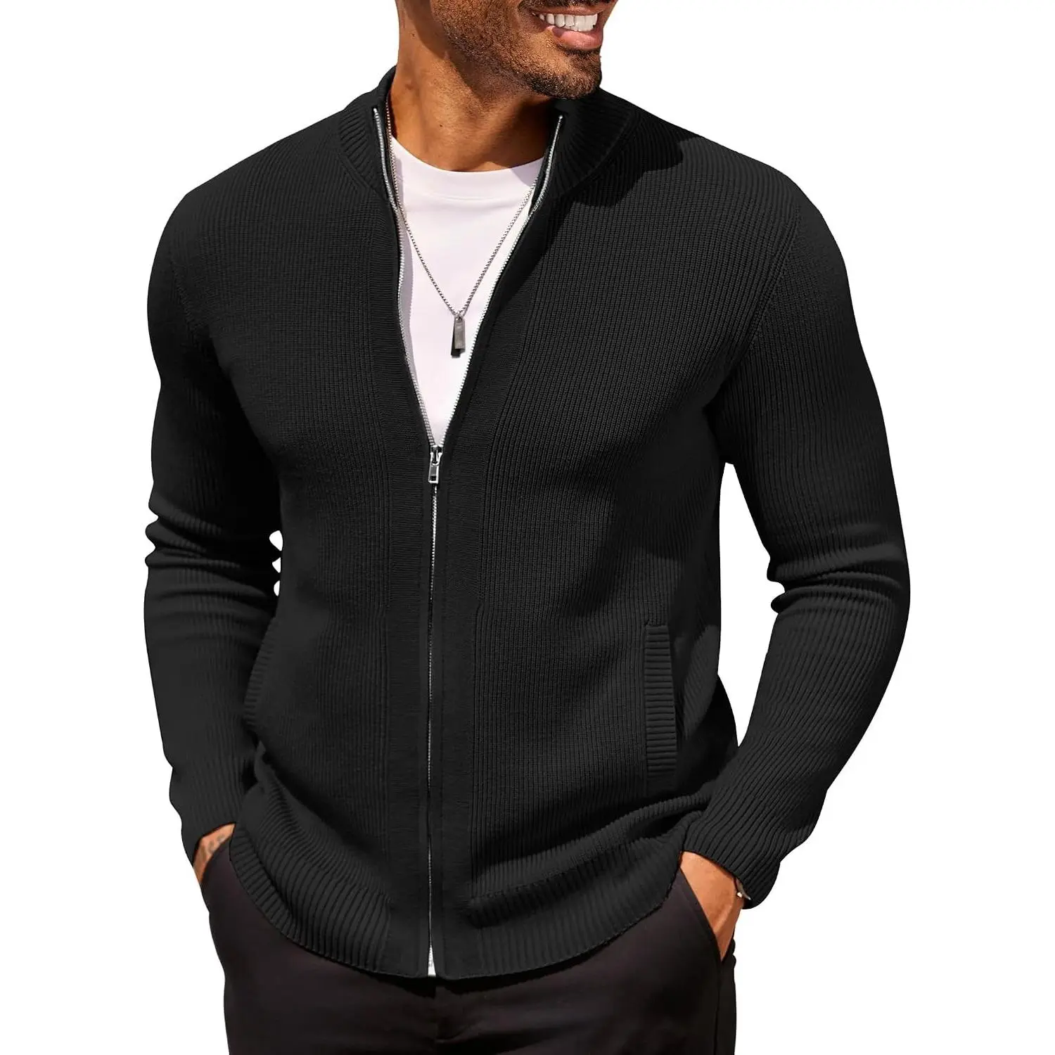 Mens Zip Up Cardigan Sweater Slim Fit Casual Full Zip Sweaters Knit Stand Collar Cardigans with 2 Front Pockets