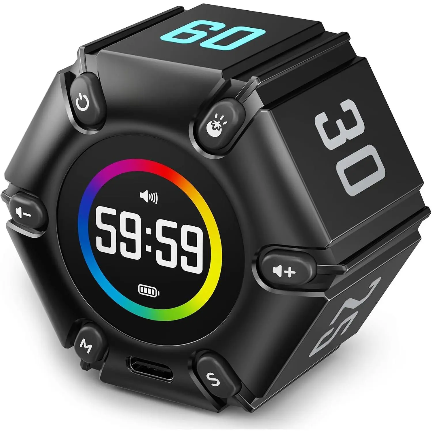 Pomodoro Productivity Cube Timer - Portable, Rechargeable, Compact, Mute Mode, Vibration, Adjustable Sound Alert, USB-C Port, 3/5/10/25/30/60min & Custom Countdown, for Office Study - Black