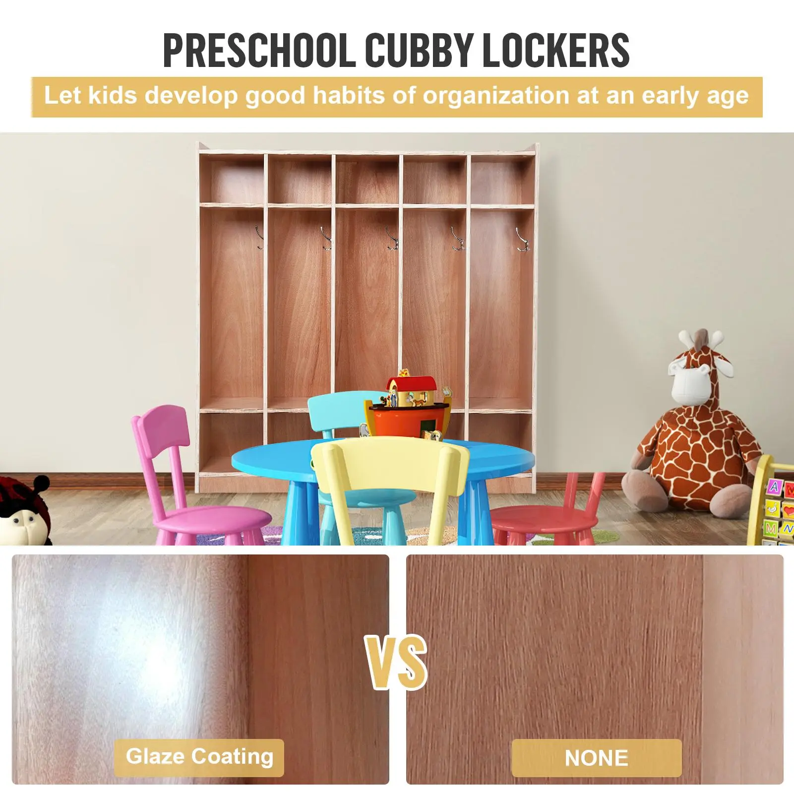 OP-Kids Coat Locker School,10 Cubbies for Classroom,Sturdy and StylishAnti-tipping Design5 Section Kids Storage Cabient, Daycare Cubby with 4 Casters, 5 Hooks and 2 Storage Boxes, for Home, School, Kindergarten