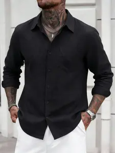 Men's linen shirt, with button design, casual long-sleeved beach shirt, featuring pockets, regular fit and lightweight top, suitable for summer fashion and comfort, formal shirt / office / professional shirt
