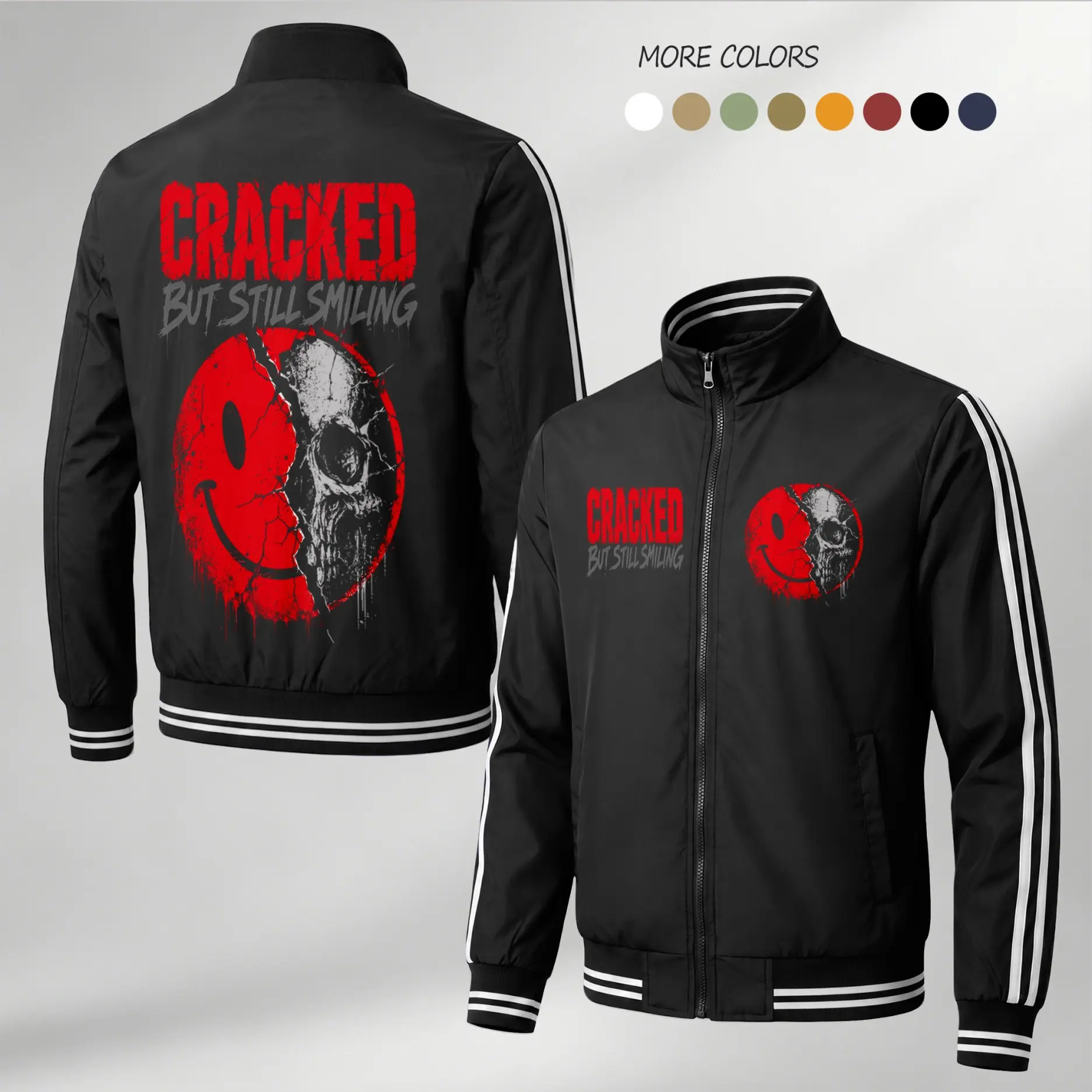 Men's Skull Graphic Print Bomber Jacket, Lightweight Breathable Streetwear Coat with Full Zip Closure and Stripe Sleeves, Tops