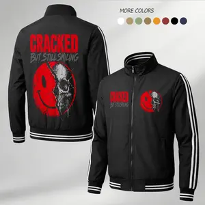 Men's Skull Graphic Print Bomber Jacket, Lightweight Breathable Streetwear Coat with Full Zip Closure and Stripe Sleeves, Tops