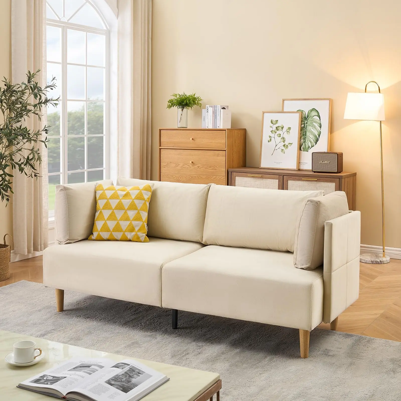 76 in Velvet Fabric Modern Loveseat Sofa with Cushioned Arms, 2 Pillows & Easy Setup, 3-Seat Indoor Furniture for Small Living Rooms