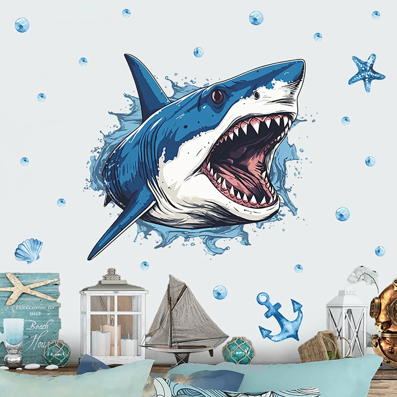 Cool Shark Splash Wall Sticker, Ocean World PVC Decal, DIY Waterproof Removable Wallpaper, Perfect for Bedroom/bathroom/classroom Decor