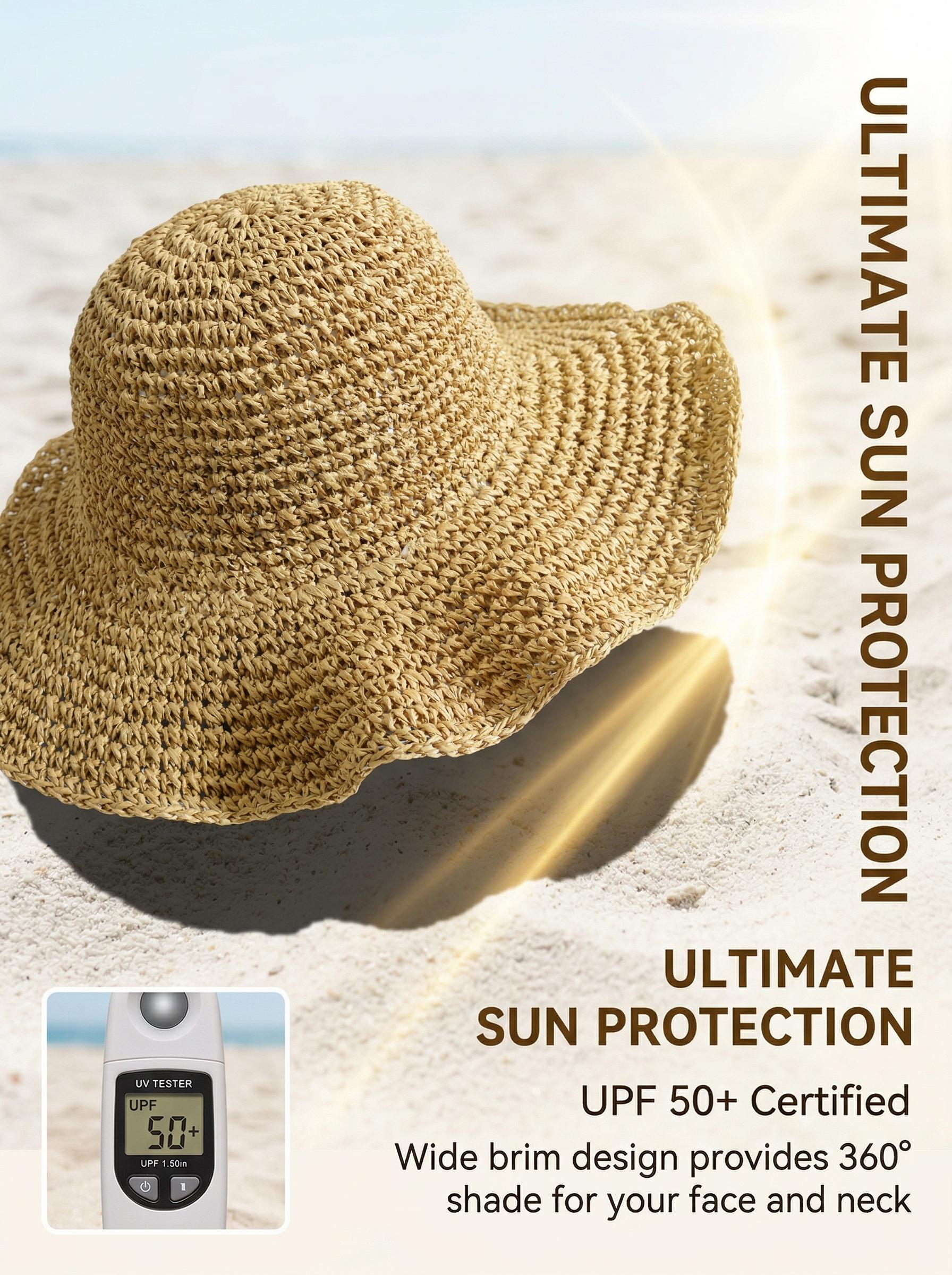 Women's Foldable Straw Hat Hand Woven Natural Fiber Beach Sun Hat with UPF 50+ UV Protection Ideal for Travel Hiking Camping and Outdoor Summer Adventures