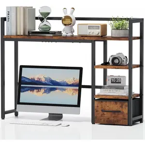Desk Shelf with Drawer, 40" Desk Hutch for Computer Monitor, Wooden Desktop Bookshelf Storage Rack for Home Office Dorm - Dark Brown