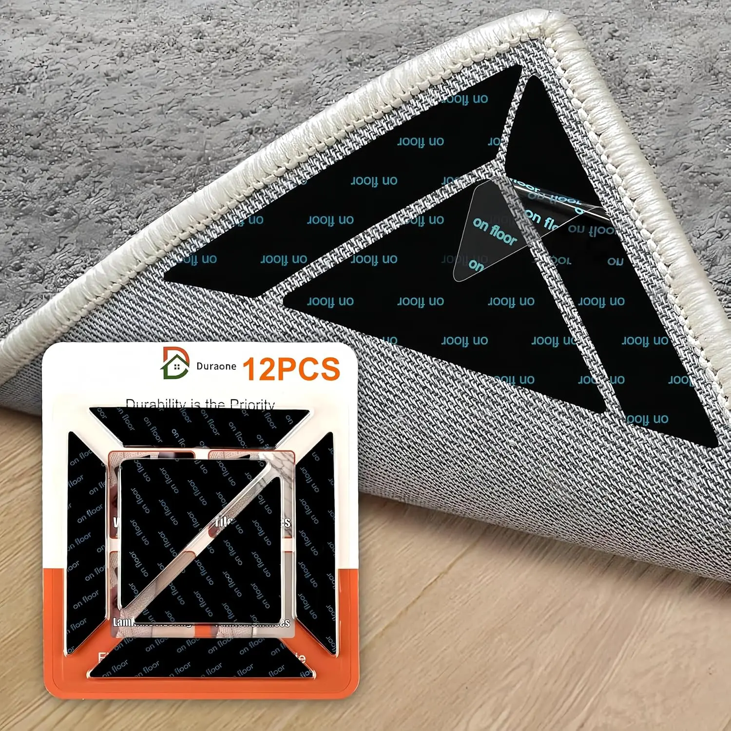 12 count Rug Gripper with Triangle & Trapezoid Design, Non-Slip Double-Sided  Carpet Tape for Area Rugs, Adhesive Rug Pads for Hardwood Floors and Tiles, Keep Corners Flat (Black)
