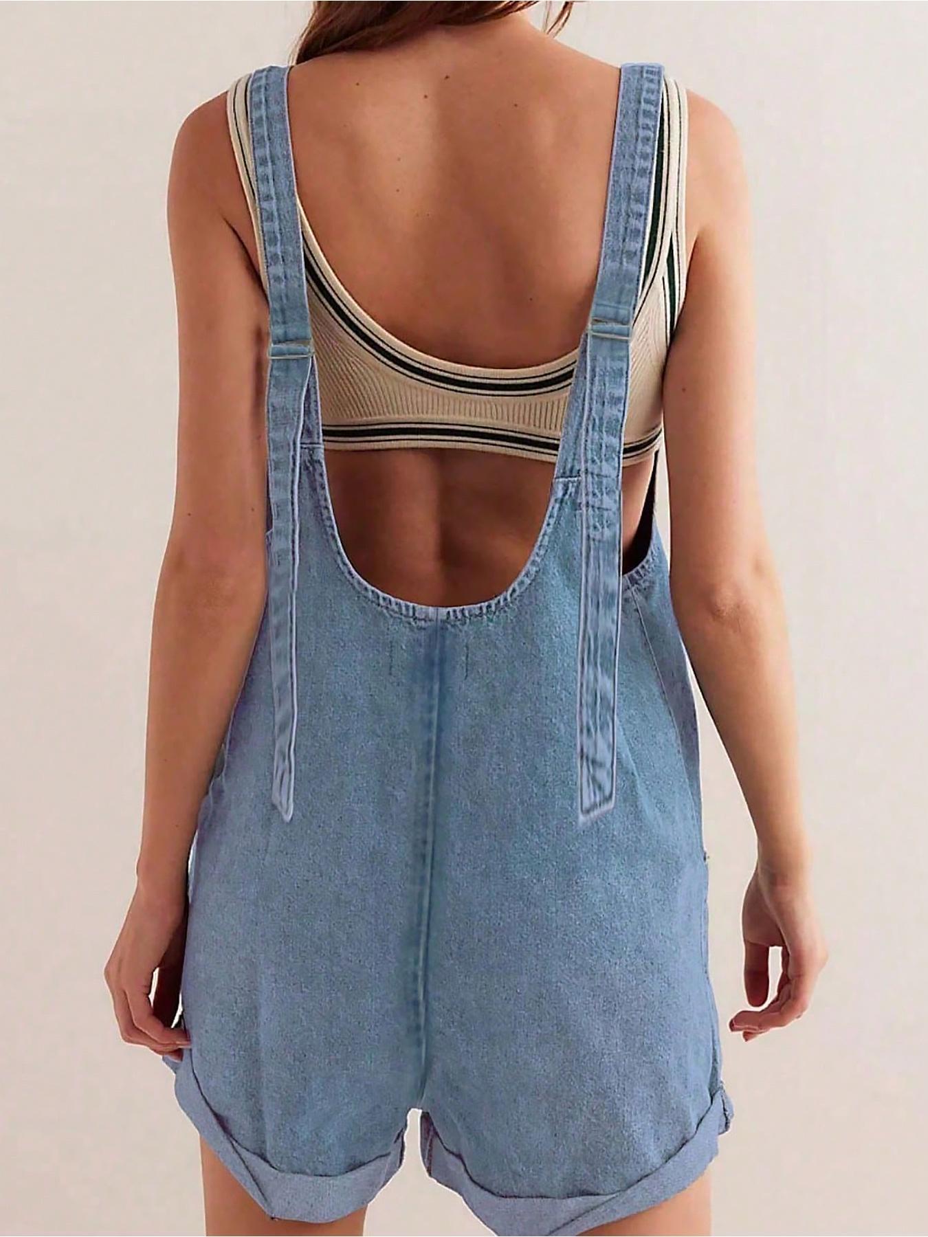 Women's Solid Color Denim Overalls, Casual Comfy Breathable Fabric Basic Fitted Sleeveless Overalls for Daily Wear, Ladies Clothes for Spring & Summer, Womenswear, Dungarees, Denim Rompers, Summer Jean Romper, Denim Jumpsuit, Blue