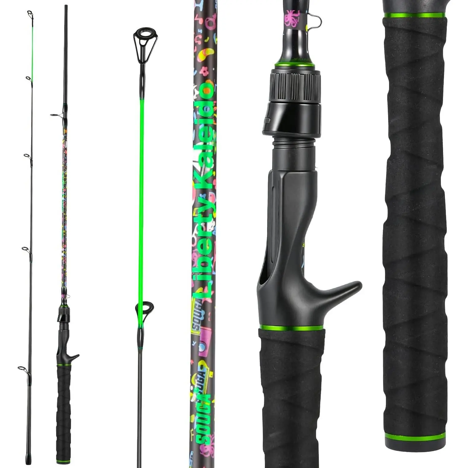 Fishing Rod, Liberty Kaleido Carbon Spinning & Casting Rod, 2 count Medium Action Bass Trout Rod with SIC Ceramic Guides, EVA Grip, Reel Seat, Hook Keeper, 5.6 & 6ft, 4-14lb Line