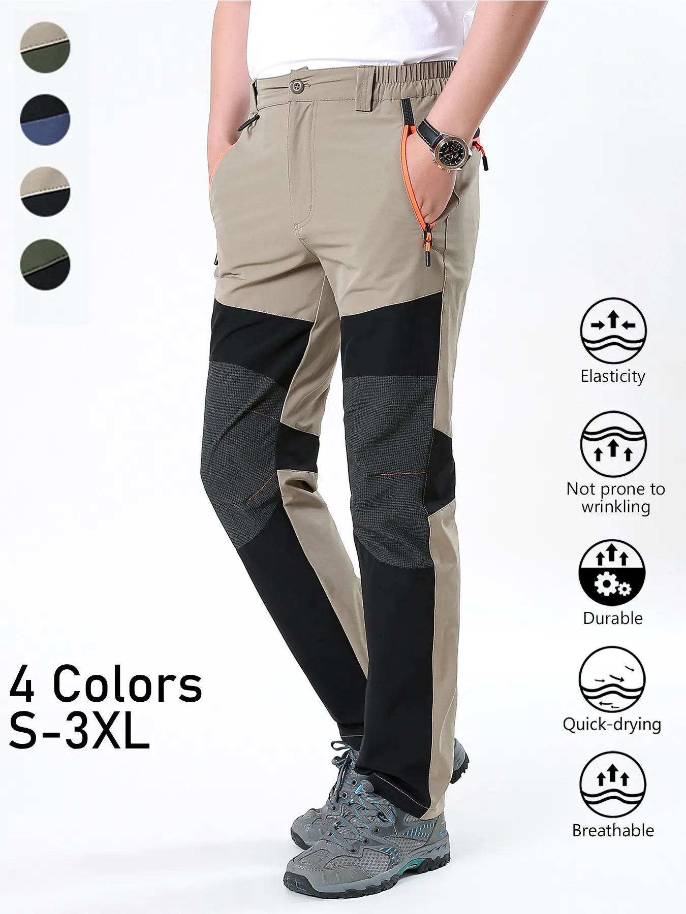 Men's Color Block Quick Dry Hiking Pants, Knee Reinforced Stretch Breathable Outdoor Trekking Trousers, Wrinkle Resistant Durable Straight Climbing Pants with Zipper Pockets for Mountaineering Cycling Fishing Camping, 4 Colors S-3XL
