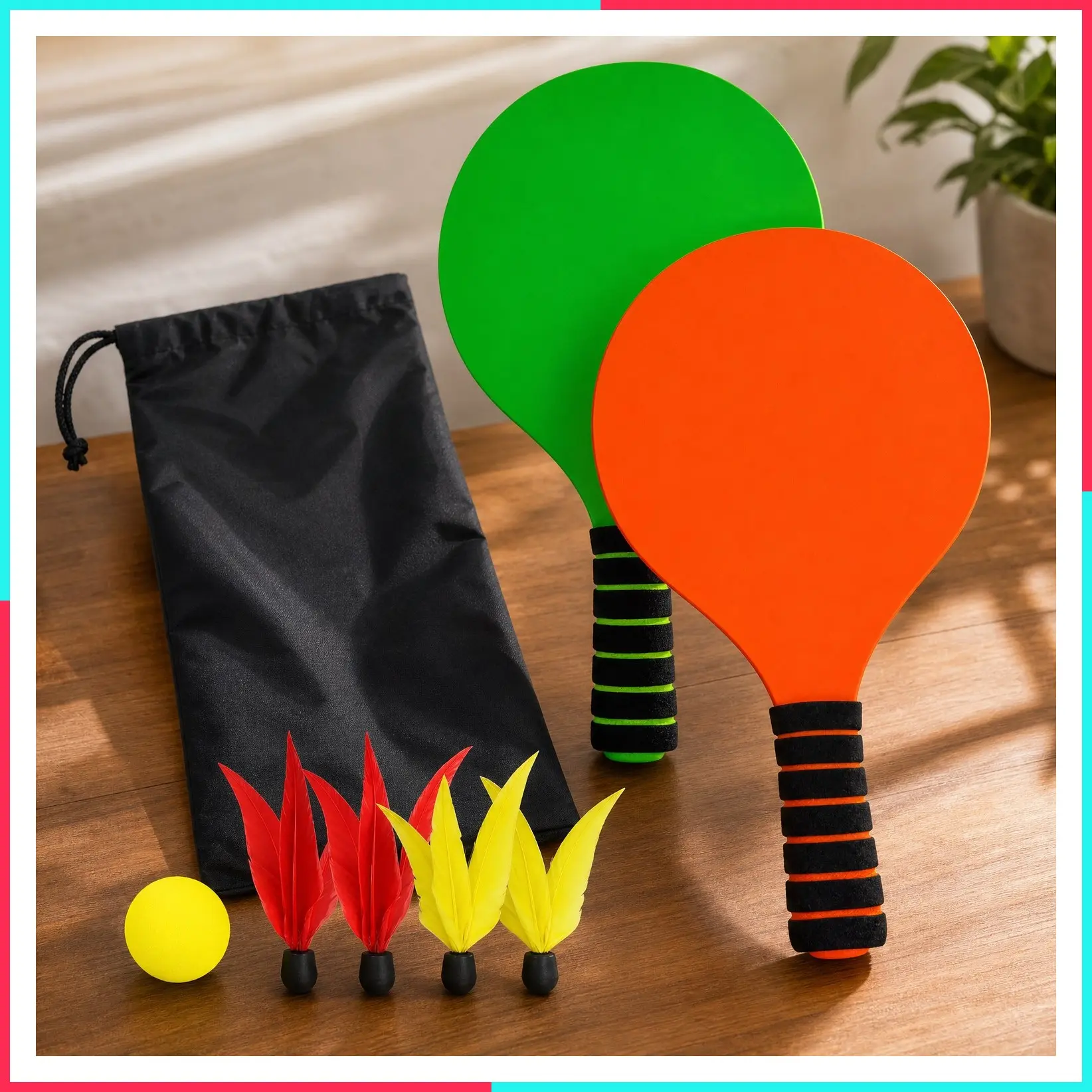 Paddle Ball Game Set with Carry Bag - Indoor Outdoor Toy for Beach, Lawn or Backyard - Includes 2 Wooden Racquets, 4 Shuttlecocks and 1 Ball