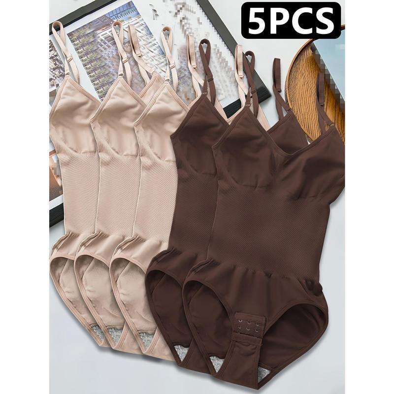 5pcs Women's Seamless Shapewear Bodysuit with Abdominal Compression & Hip Lifting - Tummy Control, No Padding, Stretchy Nylon-Spandex Blend, Black/Brown/White/Beige/Navy Blue, for Travel & Casual Attire, Comfort Undergarment |           Closefitting Sha