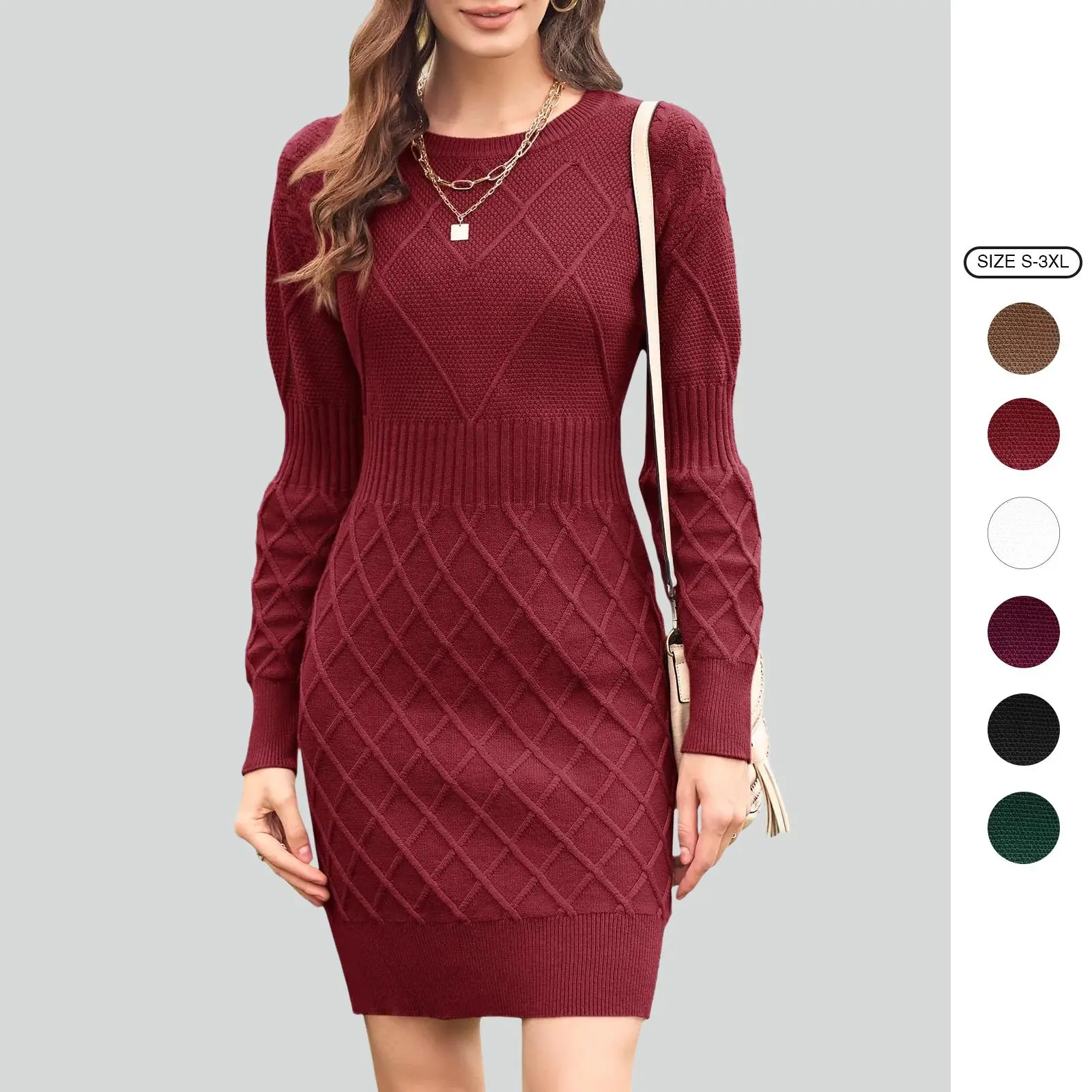 Imily Bela Women's Fashion Long-Sleeve Diamond-Knit Acrylic Fiber Pullover Dress, Lightweight Round Neck Slim-Fit Sexy Mini Casual Dress