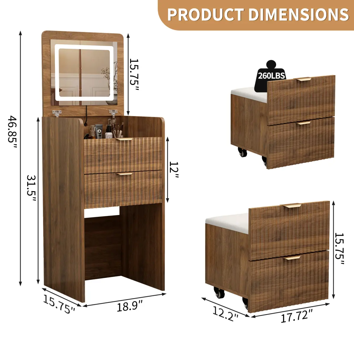 Walnut Wooden Finish 3-in-1 Makeup Vanity Desk with 3 Drawers, Flip-Top Lighted Mirror, Rolling Vanity Chair with Wheels, Compact Modern Indoor Furniture