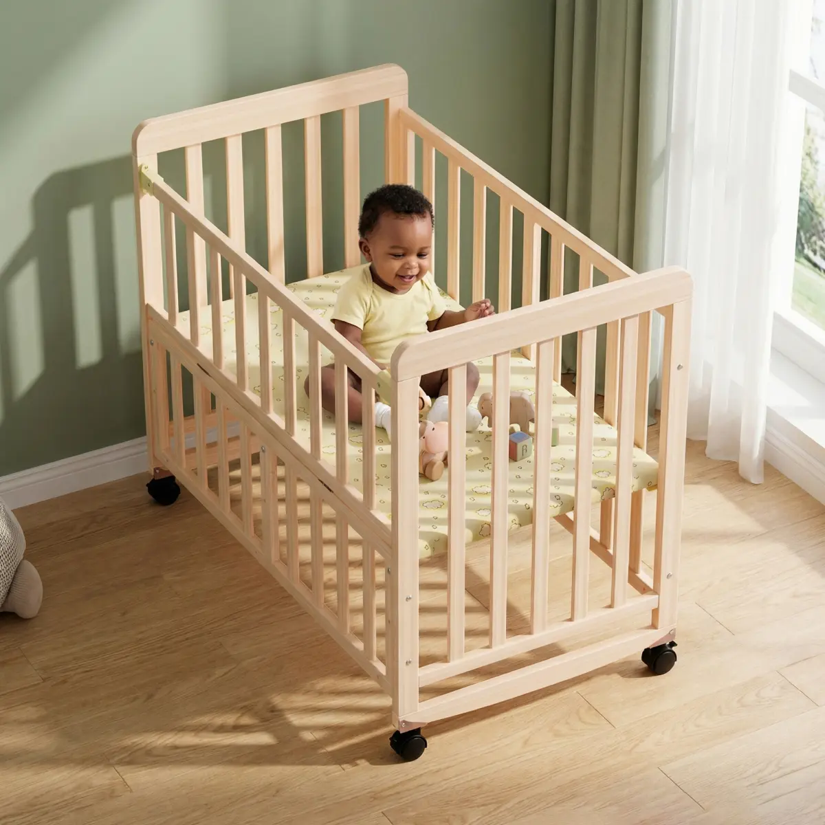 Aobtkel Portable Natural Wood Flat Baby Bassinet - Compact Pine Wood Mini Crib with 3 Heights, 0.78in Mattress, 37*22*31.5 Inches Stable Without Shaking Space-Saving Design for Newborns 0-36 Months WL