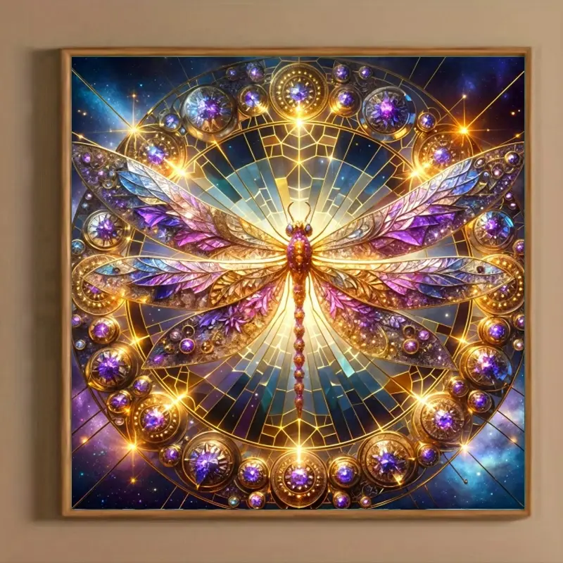 Diamond Painting Golden Purple Dragonfly Stained Glass Mandala Cosmic Galaxy Gem Ornate Pattern Insect Art Full Round Drill Wall Decor Gift