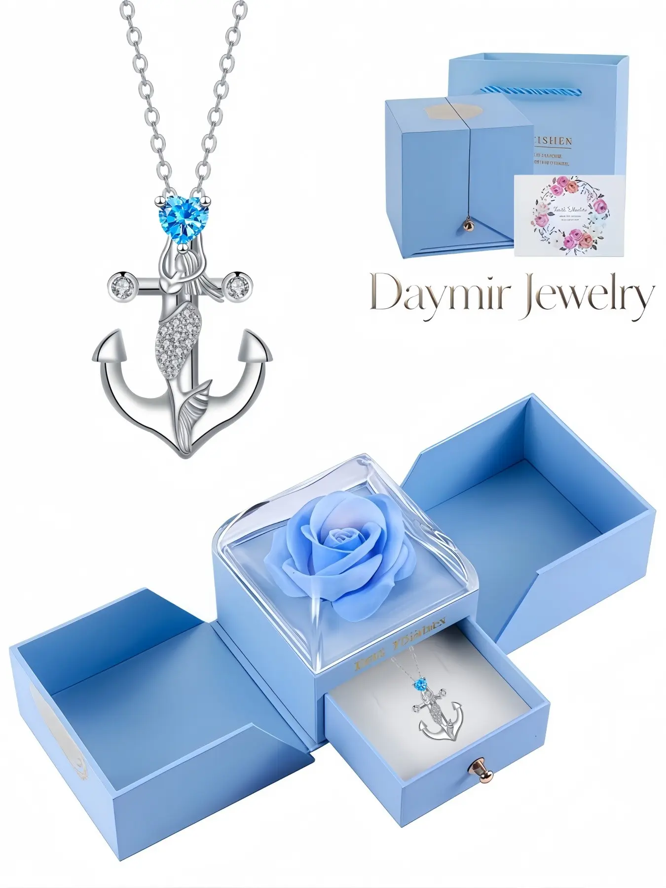 "Anchor Mermaid · Blue Star Necklace" Exquisite mermaid pendant gem accessory with simple style. Paired with double-door simulated rose jewelry box, perfect gifts for dates, Valentine’s Day and Christmas.