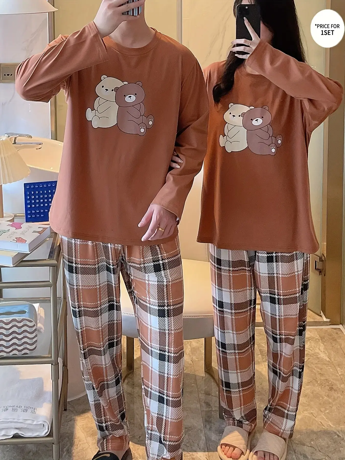 Cute Double‑Bear Print Plaid Long‑Pants Couple Matching Pajamas Long‑Sleeve Loungewear Set