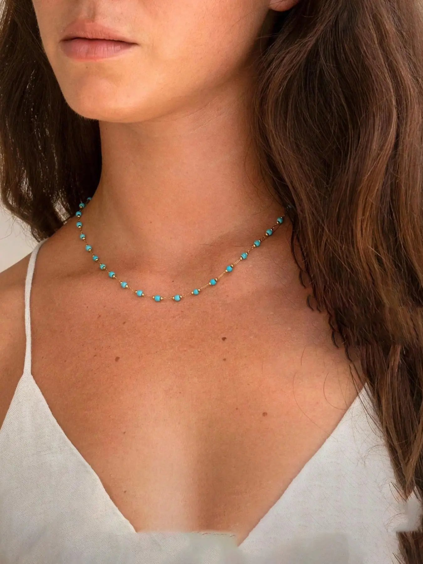 1pc Bohemian Style Necklace Stainless Steel Waterproof Chain 18k Gold Plating Versatile Turquoise Necklace Natural Stone Collarbone Necklace For Women Beach Vacation
