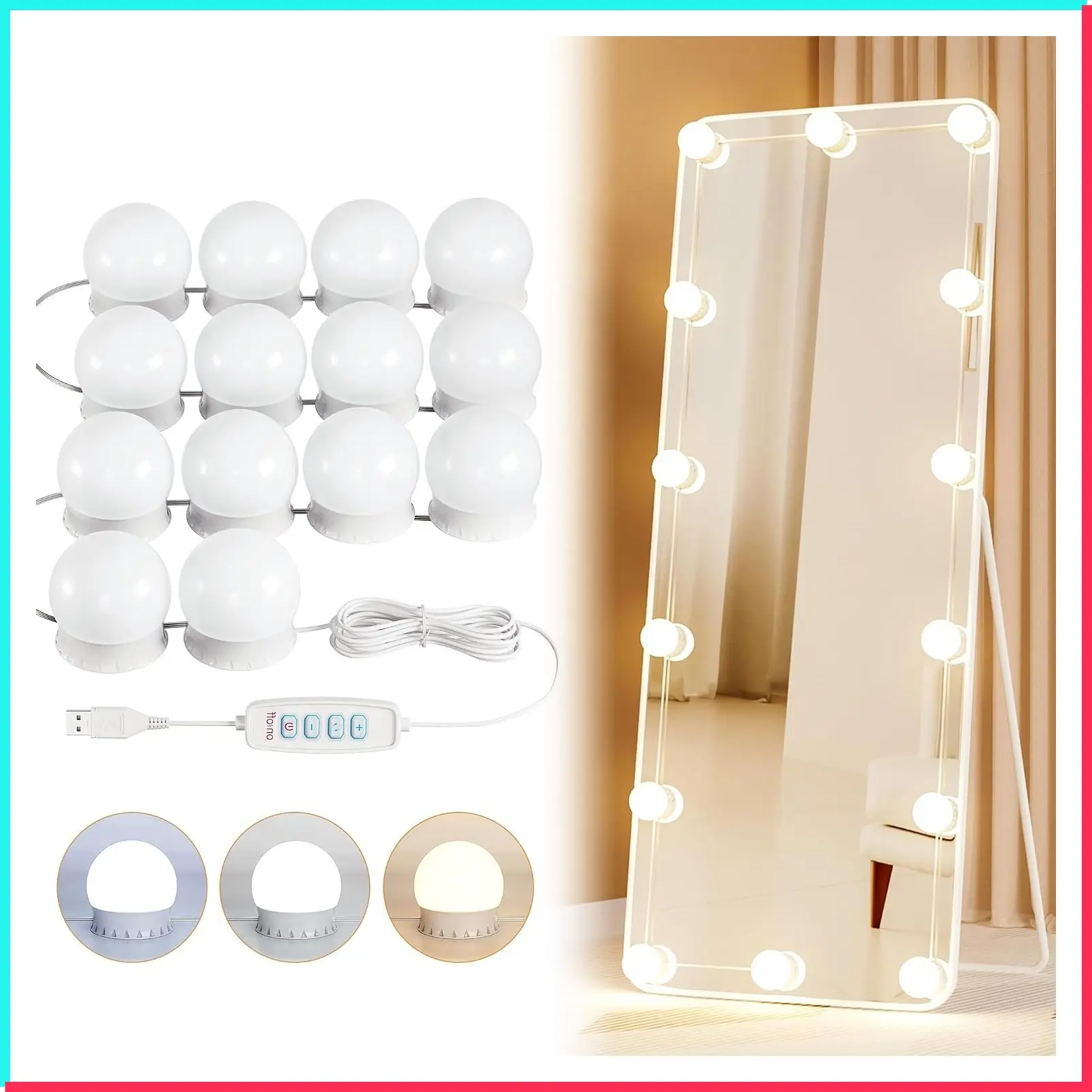 14 Bulbs LED Vanity Lights for Mirror, 3000K 4000K 6500K & 10 Brightness Levels, Adjustable Wire Length, USB Powered, Hollywood Style Makeup Lights for Dressing Room Bathroom, White