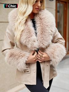 women's fall winter pu jacket, vintage casual elegant outerwear, fitted style with belt, synthetic fur detail, daily wear coat