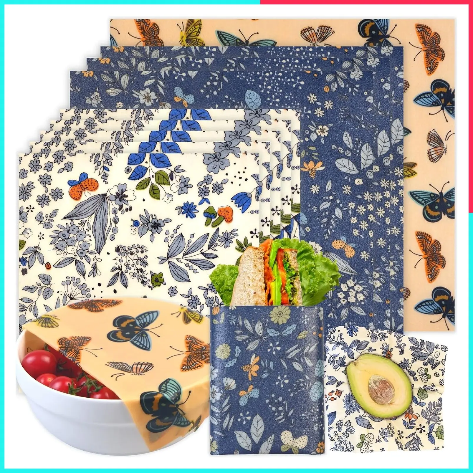 Reusable Beeswax Food Wraps - 9 Pack Eco-Friendly Organic Beeswax Wrap for Bread, Sandwich, Fruits & Vegetables - Sustainable, Zero Waste, Plastic-Free Food Storage, 1XL, 3M, 5S