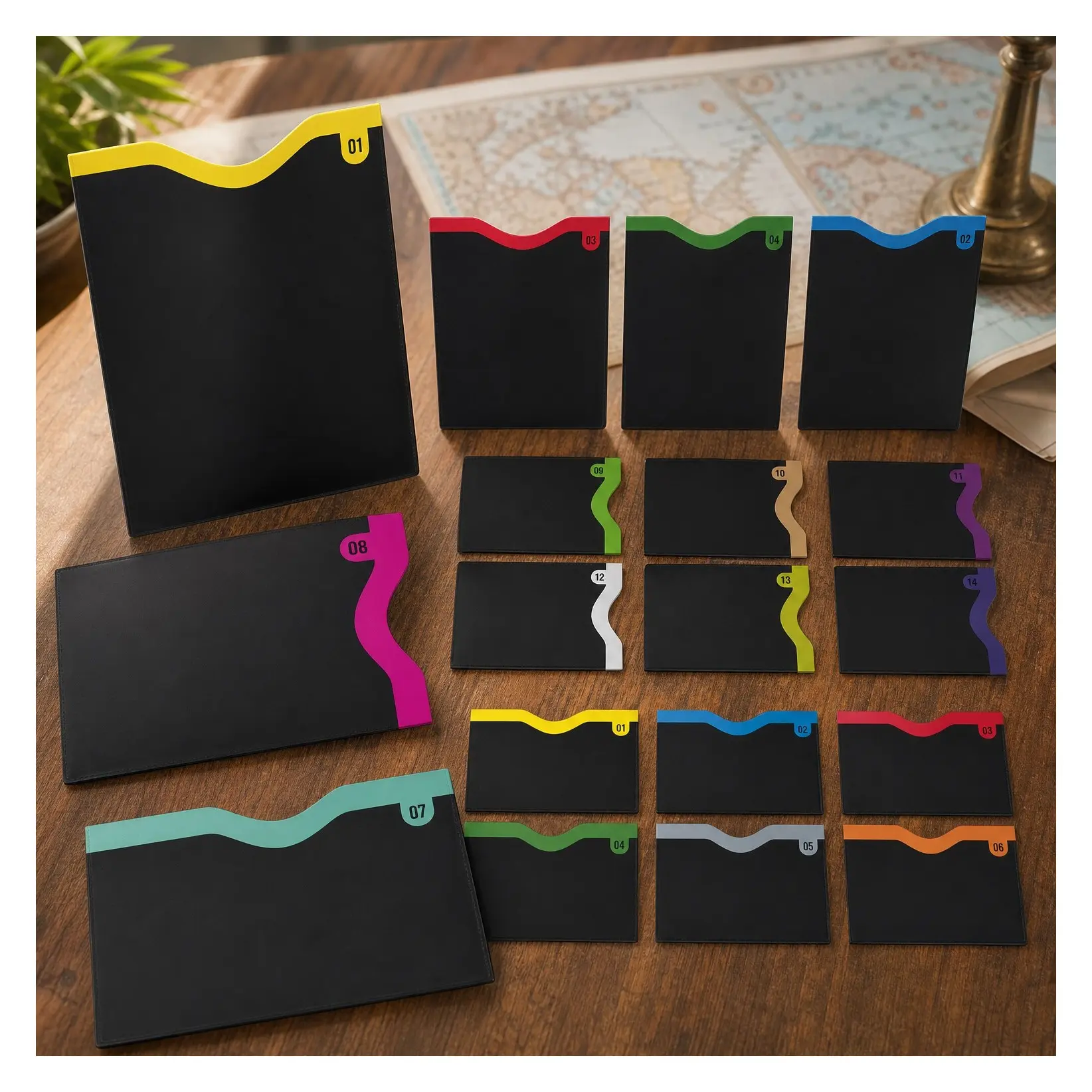 18-Piece RFID Blocking Sleeve Set: 14 Color-Coded Credit Card Protectors (7 Top, 7 Side) for Debit & ID Cards + 4 Passport Sleeves | 13.56 MHz NFC BlockerGift