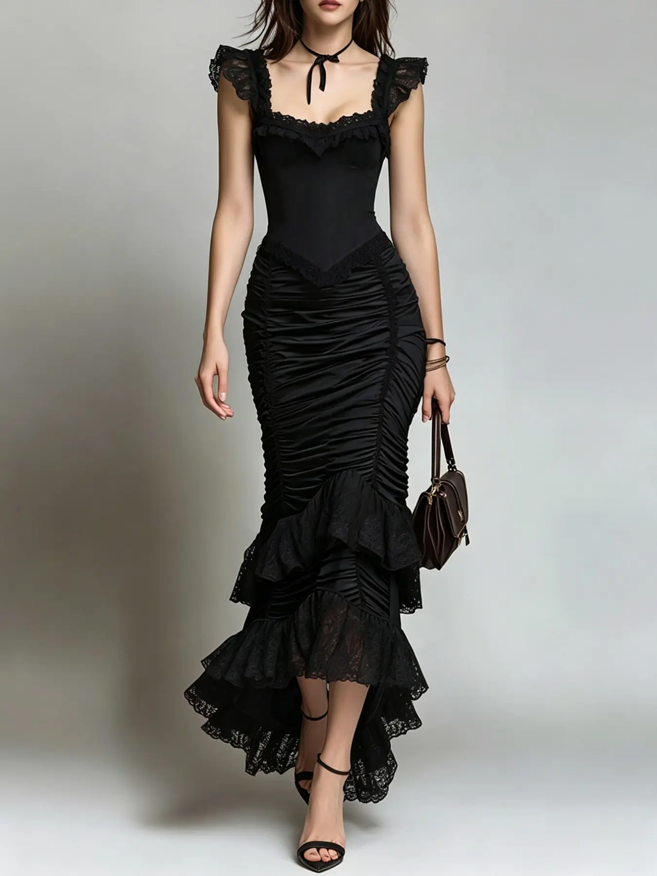 Women's Evening Maxi Gown, Vintage Goth Prom Dress, Scalloped Lace Square Neck, Corset Waist, Mermaid Fit, Premium Satin Lace, Fall Winter