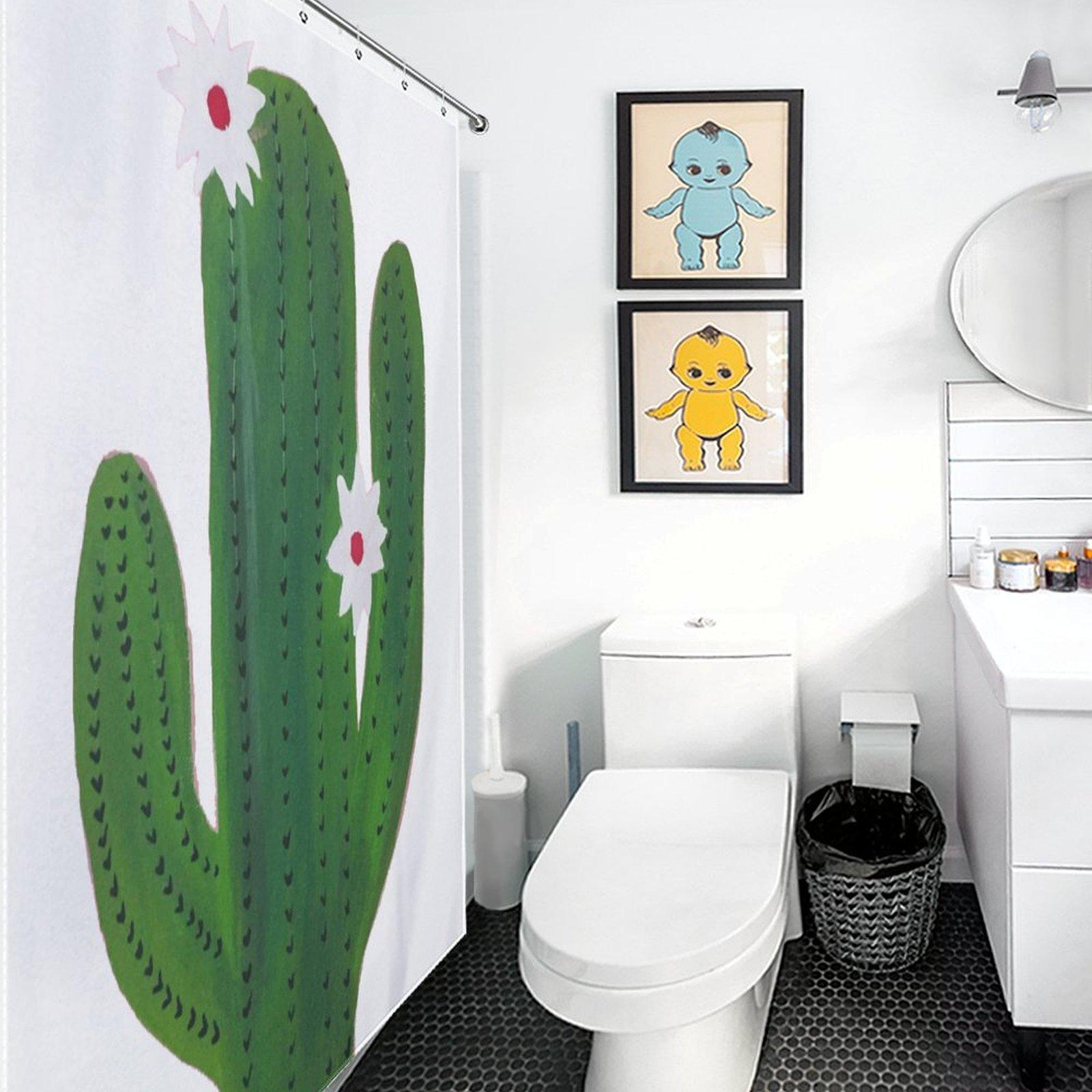 Cactus Flower Shower Curtain, Minimalist Green Cacti Waterproof Bath Curtain, Boho Desert Aesthetic Bathroom Decor, Cute Cactus Bath Accessory with Hooks