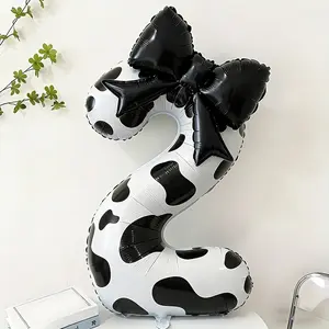 3pcs 40-Inch Cow Print Number Balloons 0-9, Bowknot Aluminum Film, Perfect for Birthday, New Year, Anniversary Decorations, Party Photo Props
