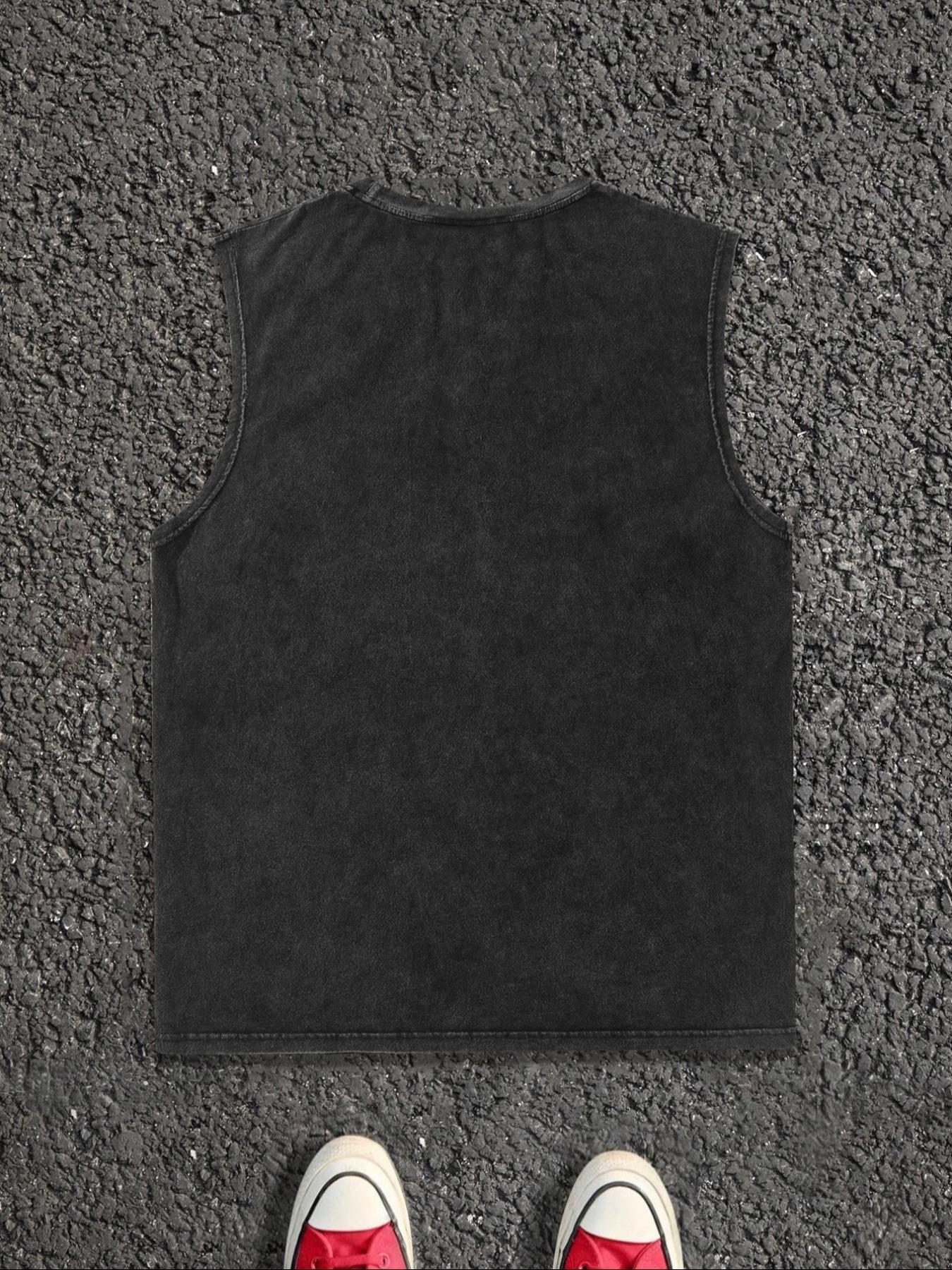 Men's Letter Print Denim-Effect Print Athletic Tank Top, Sleeveless Fitness Tank Tops, Regular Fit Casual Sleeveless Round Neck Top for Summer, Fashion Men's Clothes for Daily Wear, Socks, Cotton