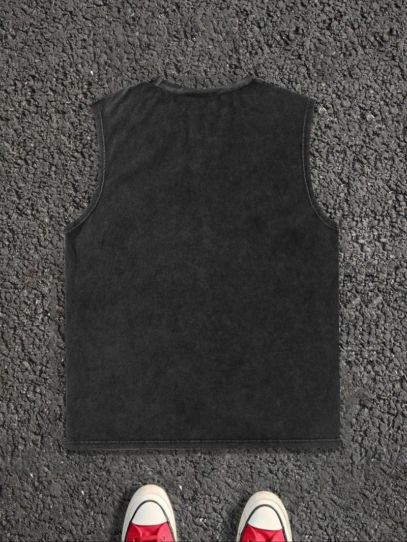 Men's Letter Print Denim-Effect Print Tank Top, Regular Fit Casual Sleeveless Round Neck Top for Summer, Fashion Men's Clothes for Daily Wear, Socks, Cotton, Vest Tank Top