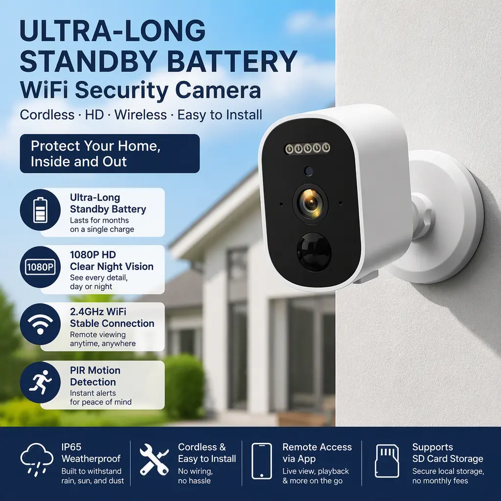 Cordless Battery‑Powered HD Security Camera, No Plug‑in Wireless WiFi Surveillance Camera with Ultra‑Long Standby for Indoor Outdoor Home Monitoring