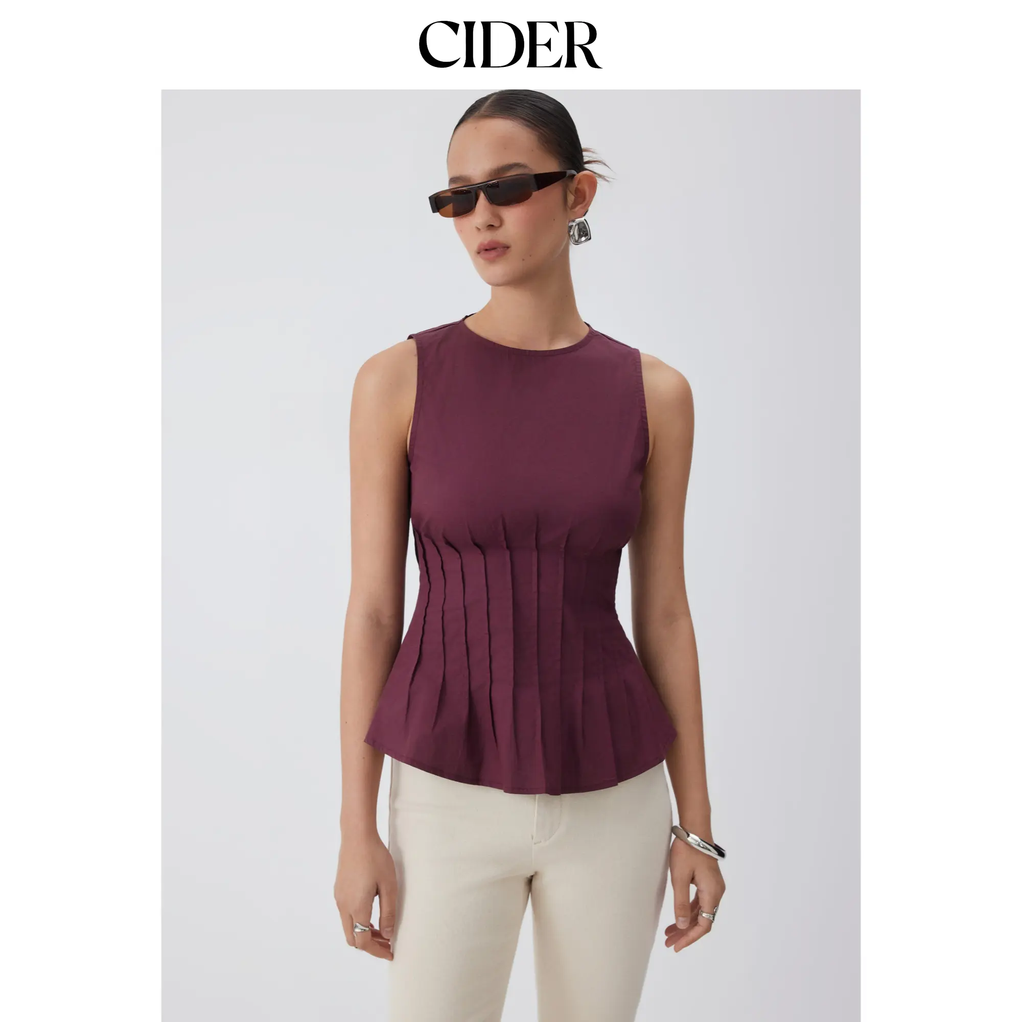 Cider Cotton Ruched Peplum Tank Blouse